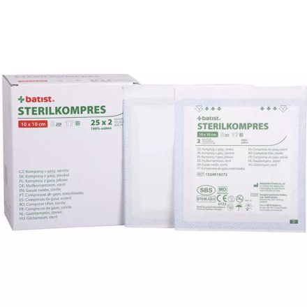 STERILKOMPRES Hajtogatott mull-lap 10x10cm, steril, 8 rétegű, 17 szálas, 2db (100 csom/dob)